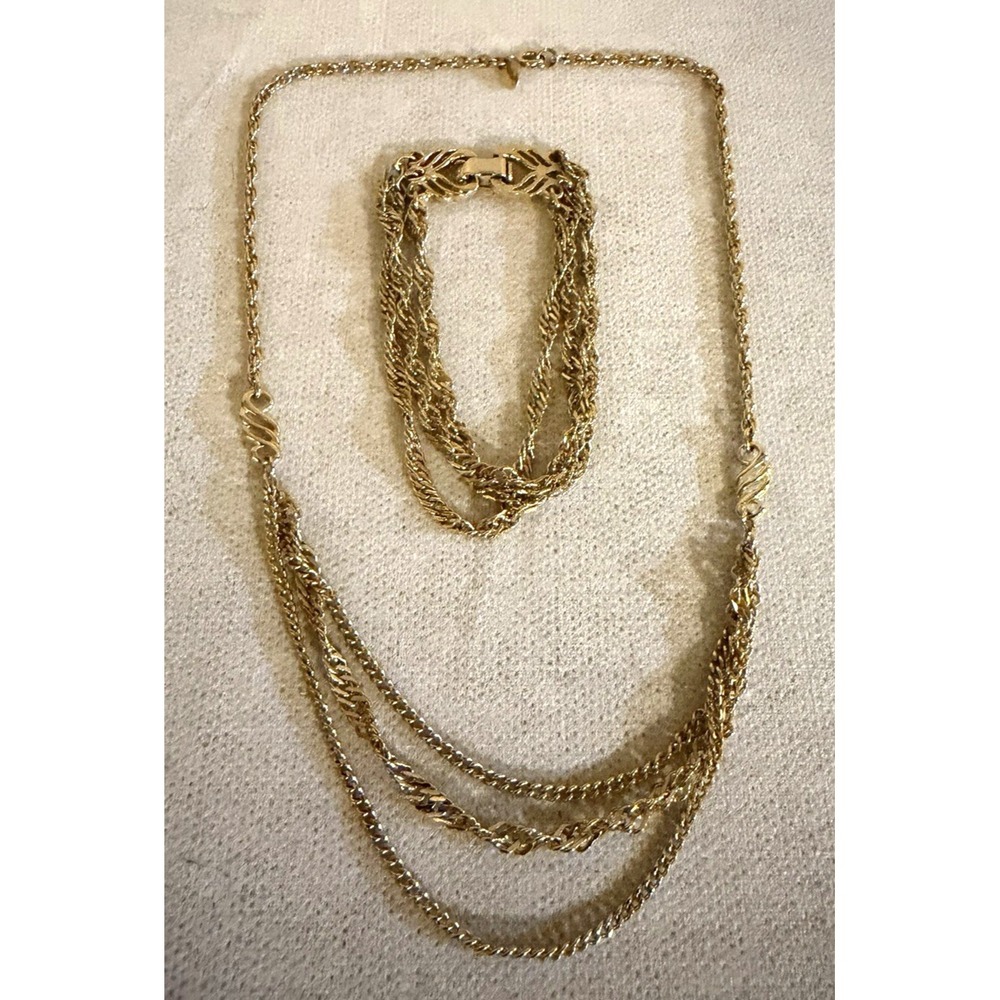 Vintage Signed CELEBRITY N.Y. Gold Tone Multi-Chain Necklace/Bracelet Set w/Box